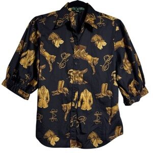 ⭐️Ralph Lauren Equestrian Horse Print Button Up Collared Black Women's Sz Small